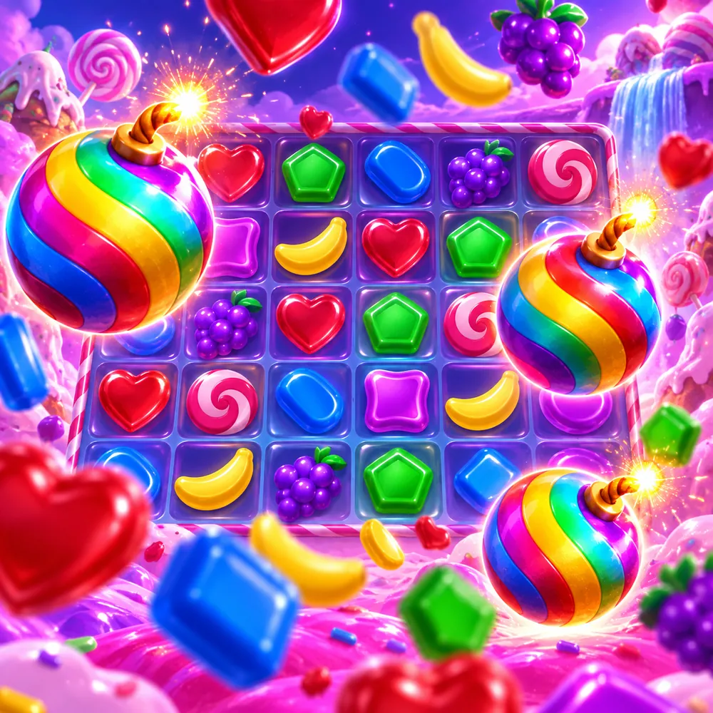 Şeker ve meyve sembollerinin arasına düşmüş gökkuşağı renkli çarpan bombaları
